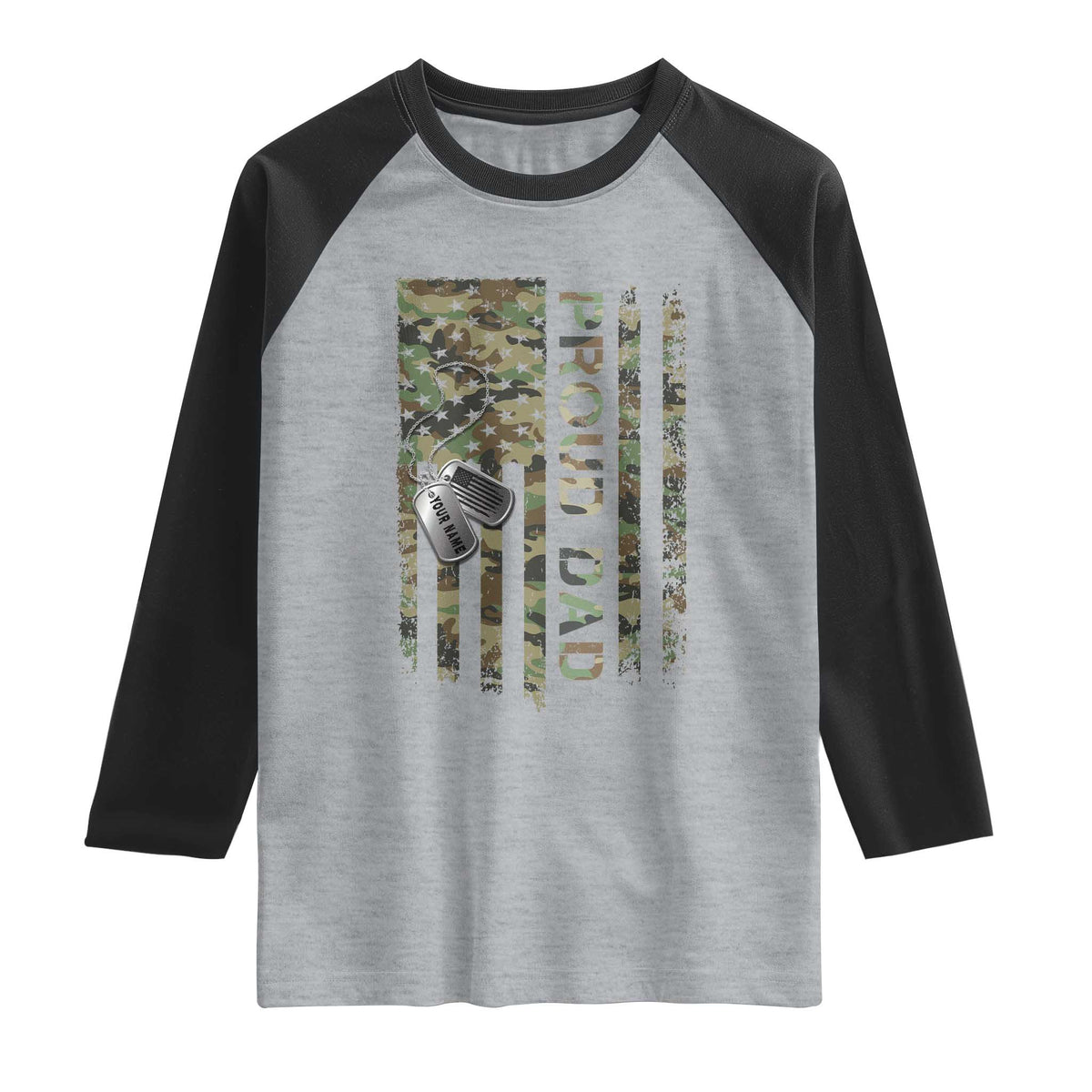 Personalized Proud Army Dad Raglan Shirt Custom Name Dog Tag Camo American Flag Gift TS10 Heather Gray Black Print Your Wear