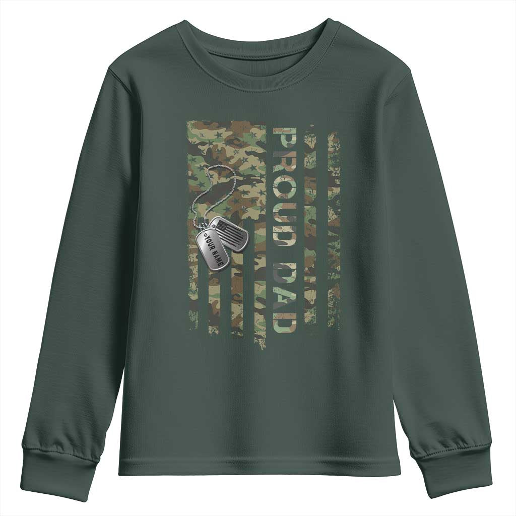 Personalized Proud Army Dad Youth Sweatshirt Custom Name Dog Tag Camo American Flag Gift TS10 Dark Forest Green Print Your Wear