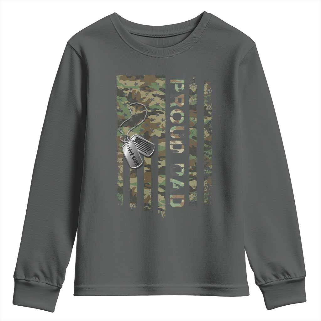 Personalized Proud Army Dad Youth Sweatshirt Custom Name Dog Tag Camo American Flag Gift TS10 Dark Heather Print Your Wear