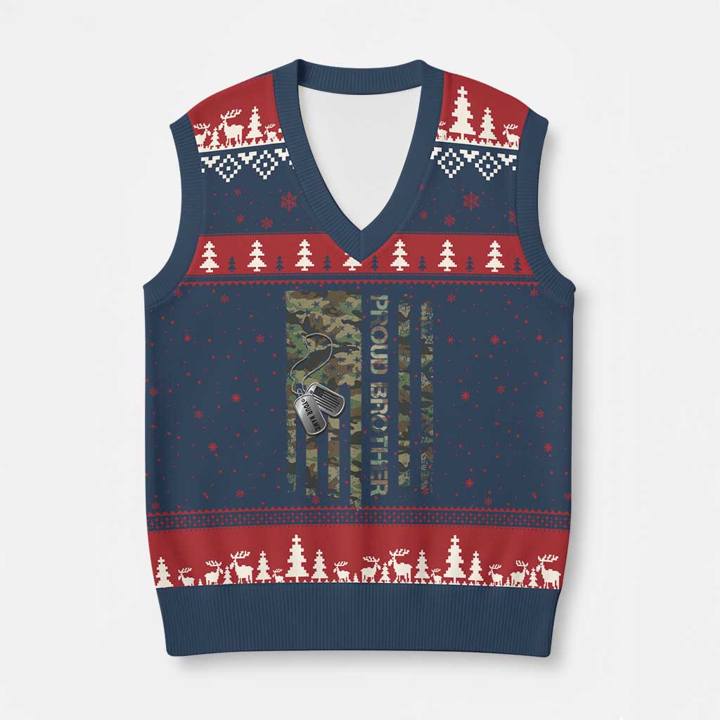 Personalized Proud Army Brother V-Neck Knit Sweater Vest Custom Name Dog Tag Camo American Flag Gift TS10 Navy Red Print Your Wear