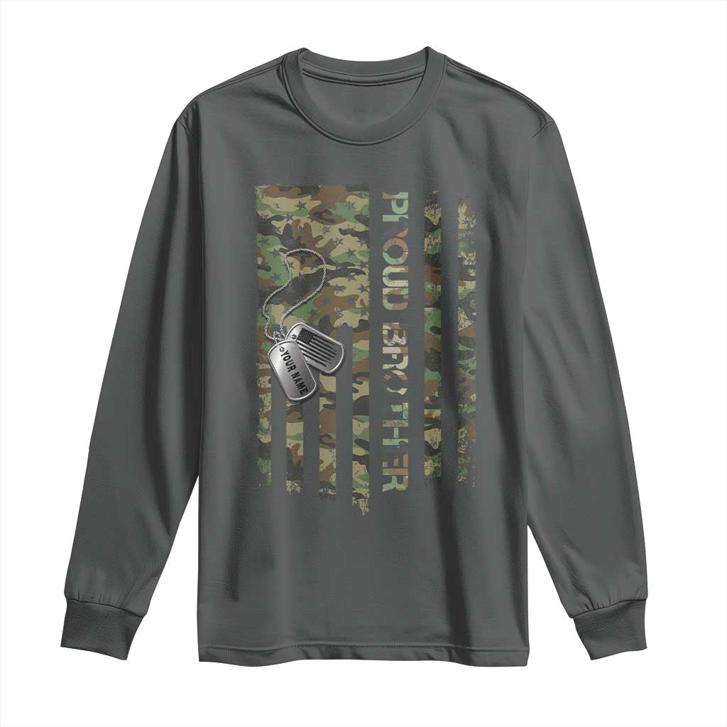 Personalized Proud Army Brother Long Sleeve Shirt Custom Name Dog Tag Camo American Flag Gift TS10 Dark Heather Print Your Wear