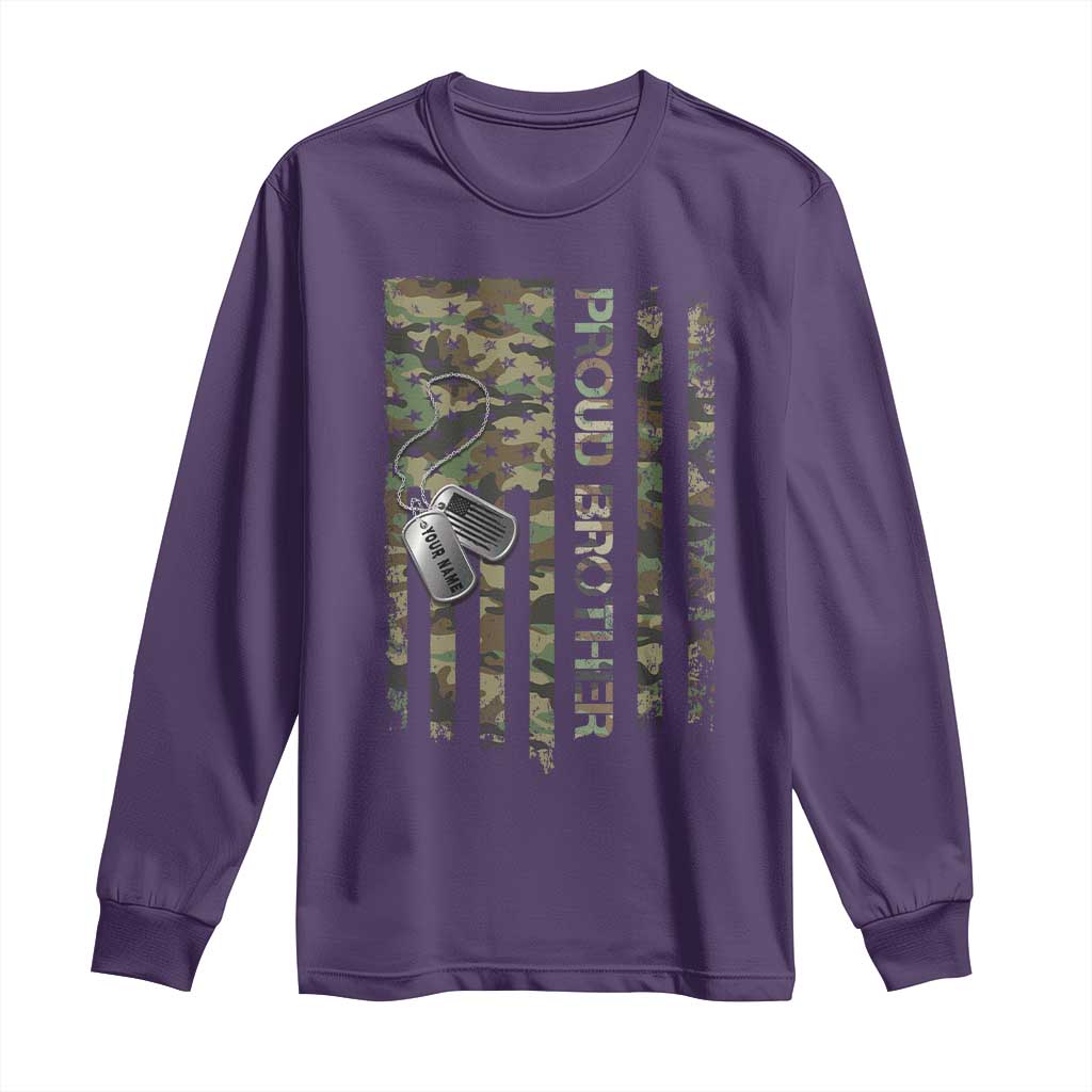 Personalized Proud Army Brother Long Sleeve Shirt Custom Name Dog Tag Camo American Flag Gift TS10 Purple Print Your Wear