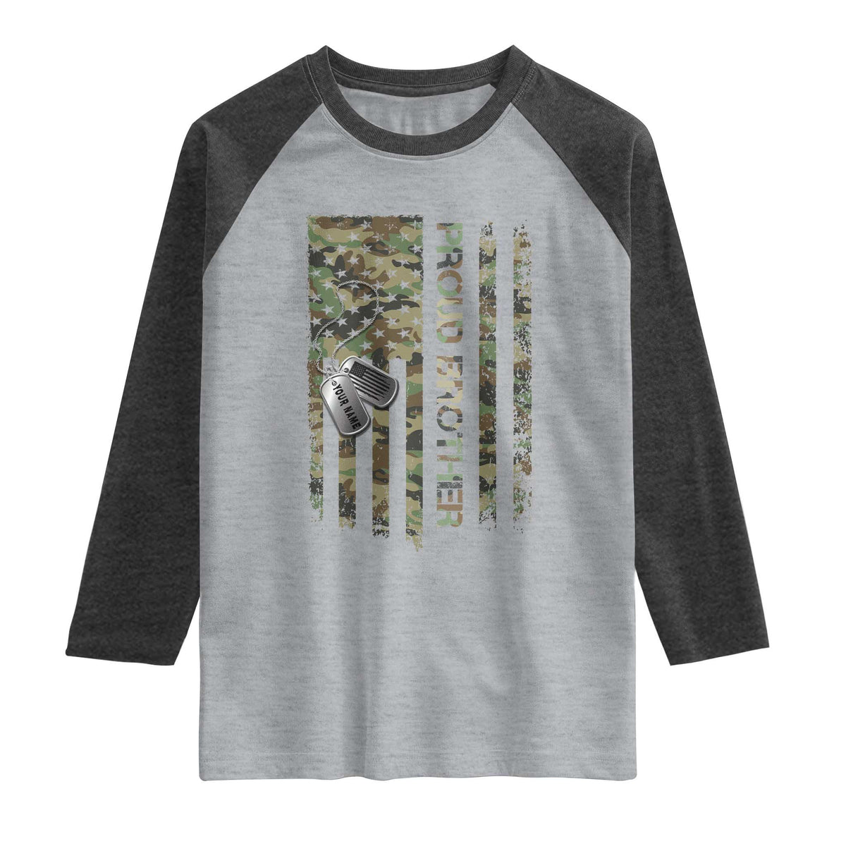 Personalized Proud Army Brother Raglan Shirt Custom Name Dog Tag Camo American Flag Gift TS10 Heather Gray Heather Charcoal Print Your Wear
