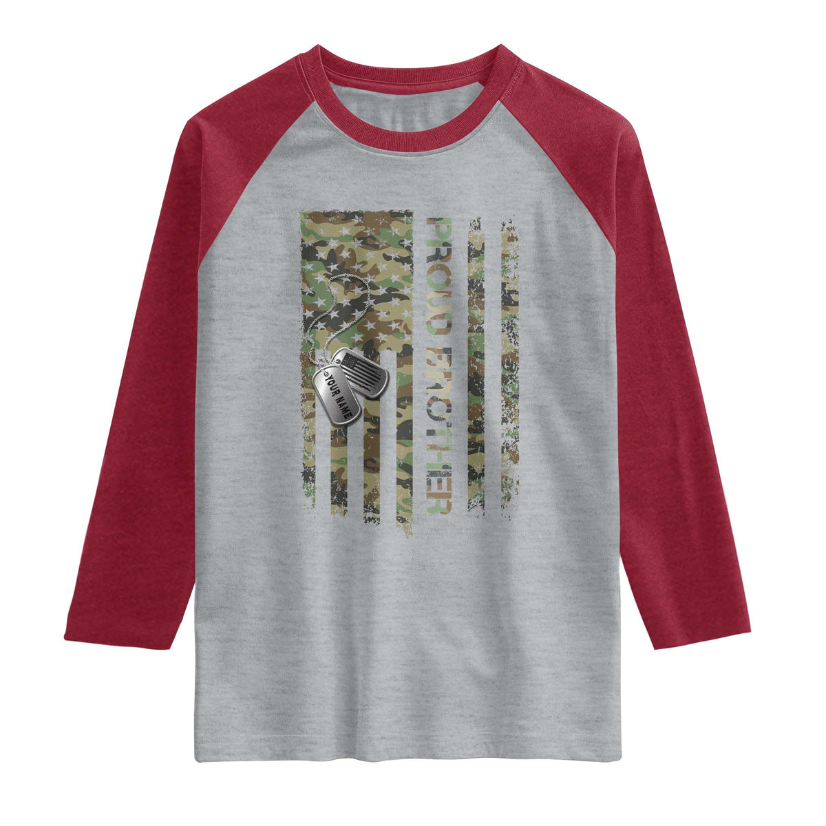 Personalized Proud Army Brother Raglan Shirt Custom Name Dog Tag Camo American Flag Gift TS10 Heather Gray Heather Red Print Your Wear