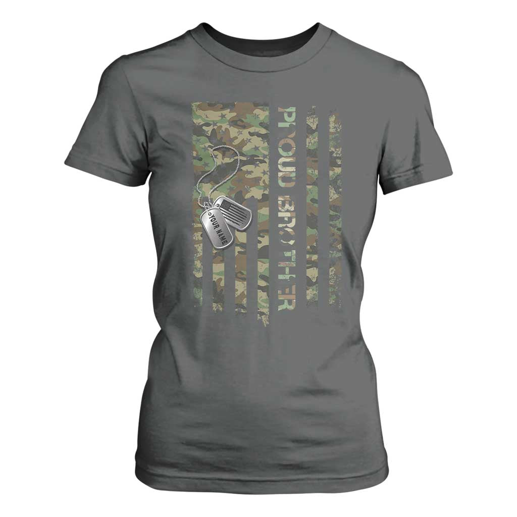 Personalized Proud Army Brother T Shirt For Women Custom Name Dog Tag Camo American Flag Gift TS10 Dark Heather Print Your Wear
