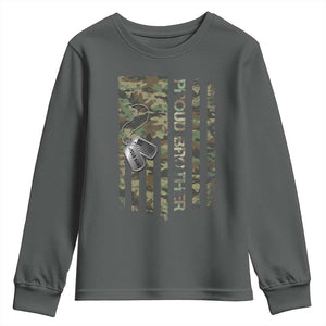 Personalized Proud Army Brother Youth Sweatshirt Custom Name Dog Tag Camo American Flag Gift TS10 Dark Heather Print Your Wear