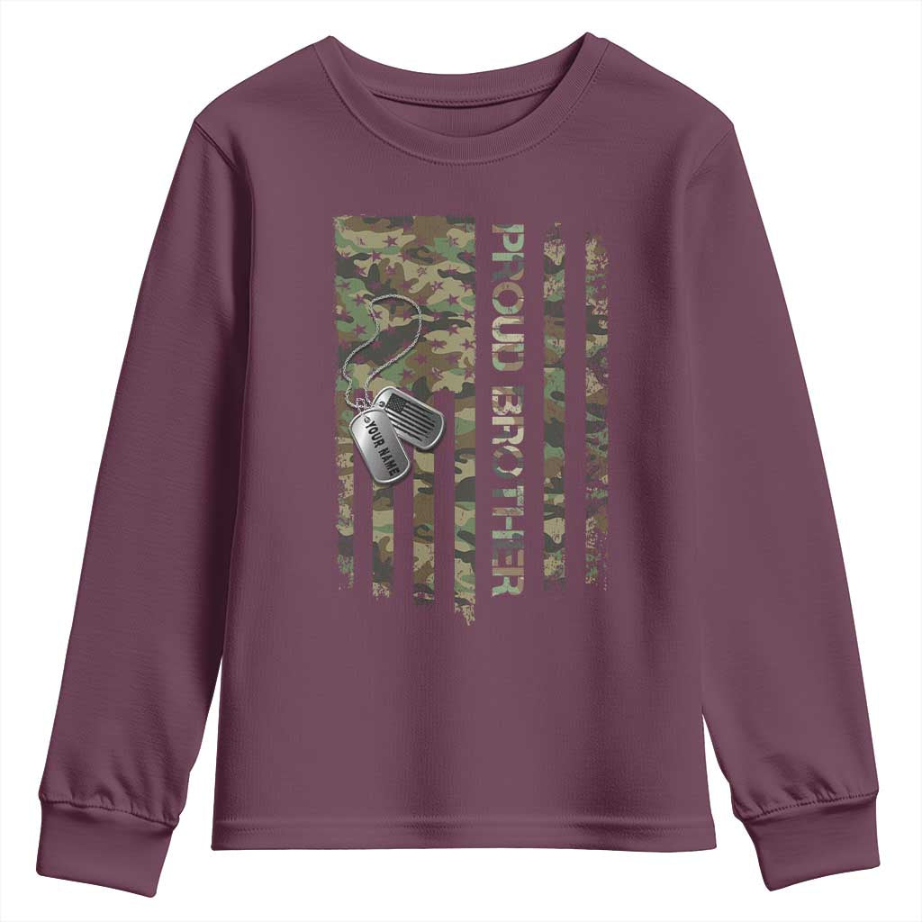Personalized Proud Army Brother Youth Sweatshirt Custom Name Dog Tag Camo American Flag Gift TS10 Maroon Print Your Wear