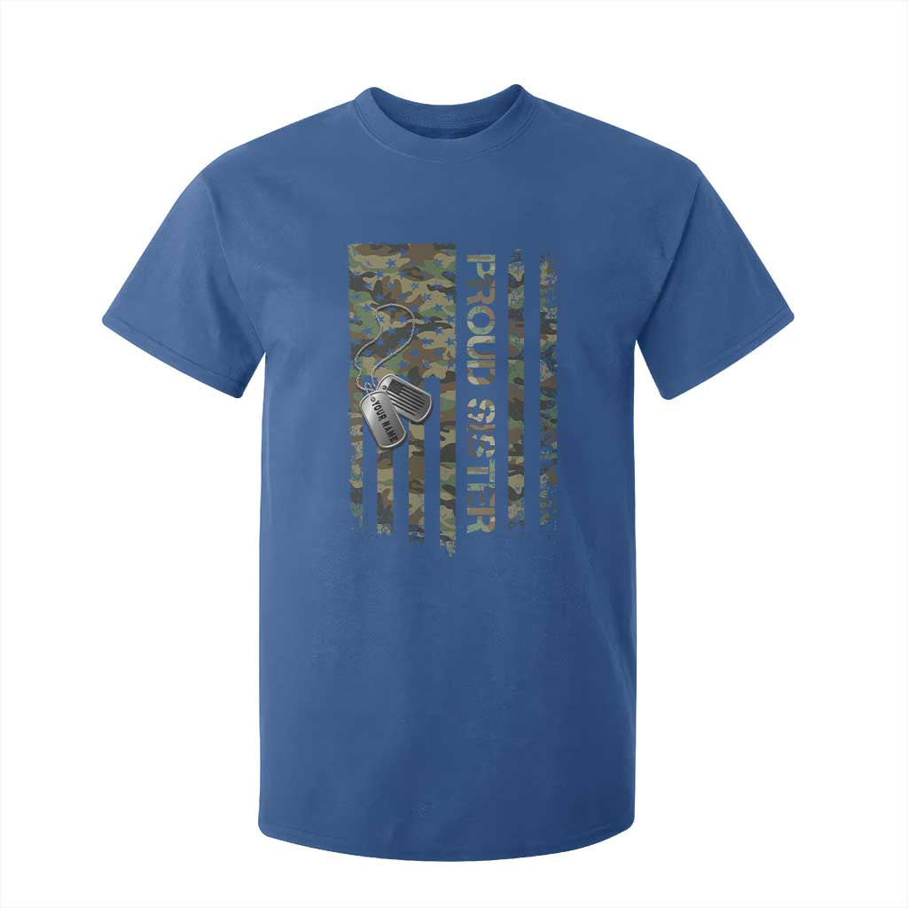 Personalized Proud Army Sister T Shirt For Kid Custom Name Dog Tag Camo American Flag Gift TS10 Royal Blue Print Your Wear