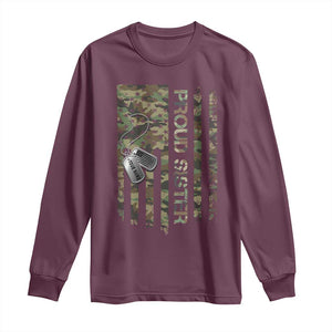 Personalized Proud Army Sister Long Sleeve Shirt Custom Name Dog Tag Camo American Flag Gift TS10 Maroon Print Your Wear