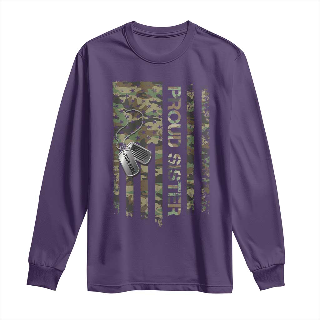 Personalized Proud Army Sister Long Sleeve Shirt Custom Name Dog Tag Camo American Flag Gift TS10 Purple Print Your Wear