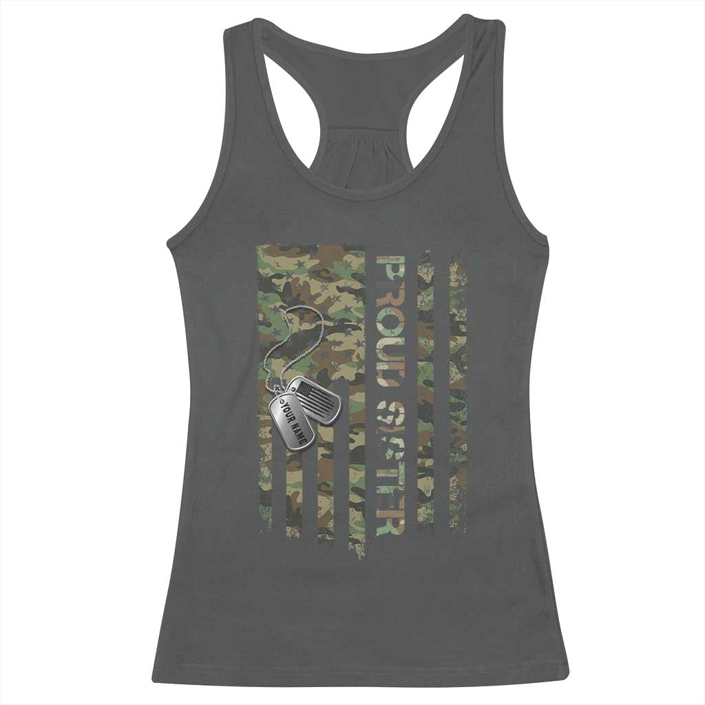 Personalized Proud Army Sister Racerback Tank Top Custom Name Dog Tag Camo American Flag Gift TS10 Dark Heather Print Your Wear