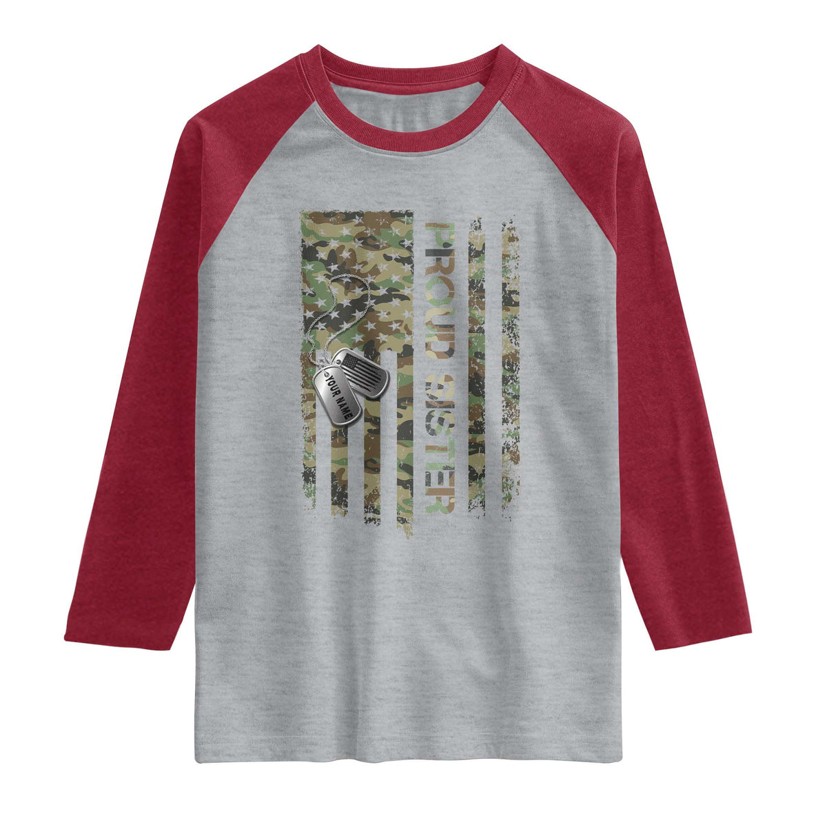 Personalized Proud Army Sister Raglan Shirt Custom Name Dog Tag Camo American Flag Gift TS10 Heather Gray Heather Red Print Your Wear