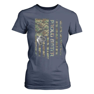 Personalized Proud Army Sister T Shirt For Women Custom Name Dog Tag Camo American Flag Gift TS10 Navy Print Your Wear