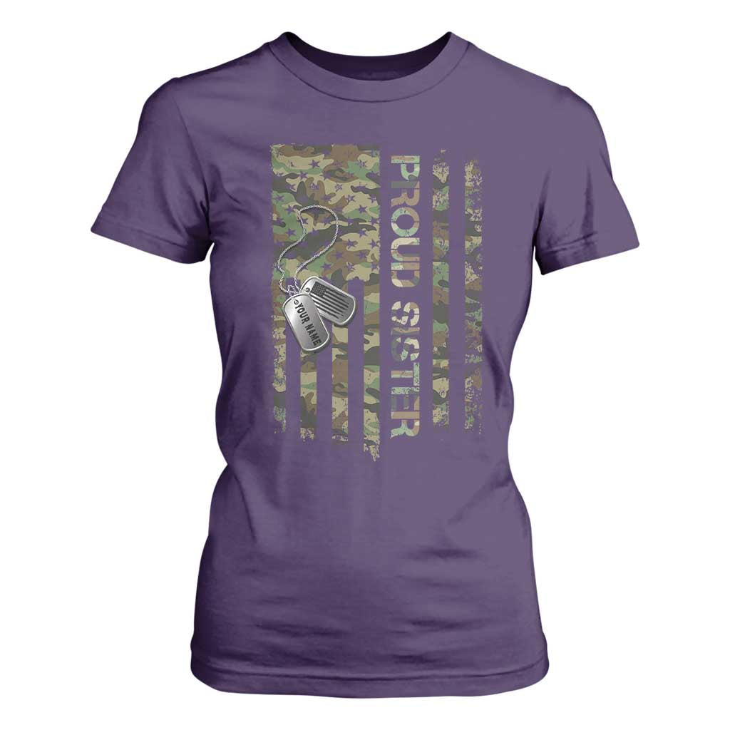 Personalized Proud Army Sister T Shirt For Women Custom Name Dog Tag Camo American Flag Gift TS10 Purple Print Your Wear