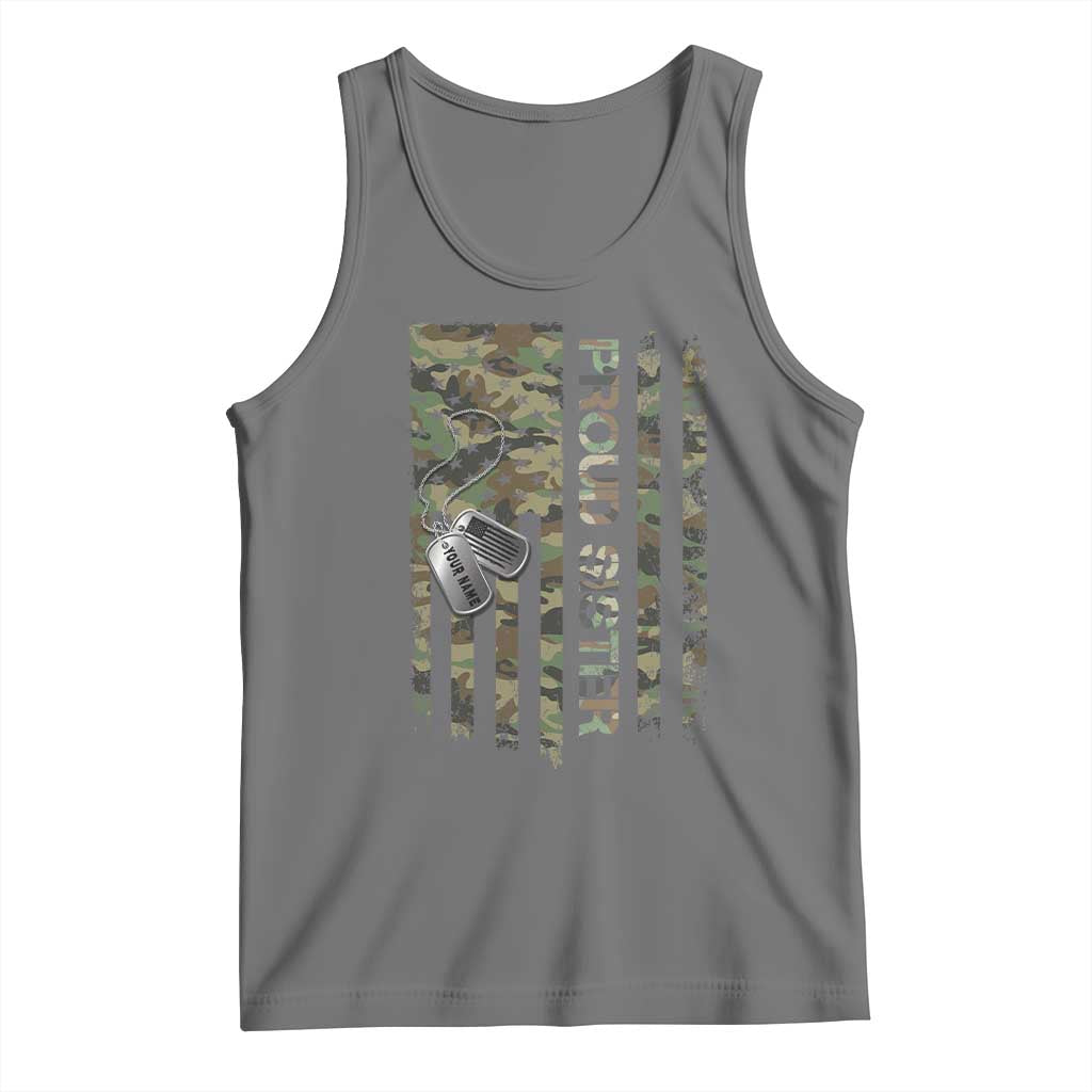 Personalized Proud Army Sister Tank Top Custom Name Dog Tag Camo American Flag Gift TS10 Black Heather Print Your Wear