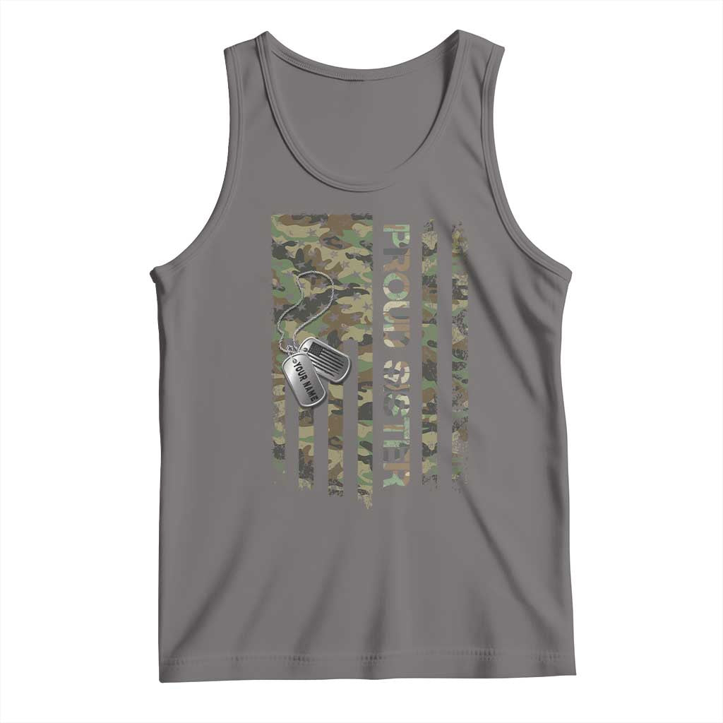 Personalized Proud Army Sister Tank Top Custom Name Dog Tag Camo American Flag Gift TS10 Deep Heather Print Your Wear