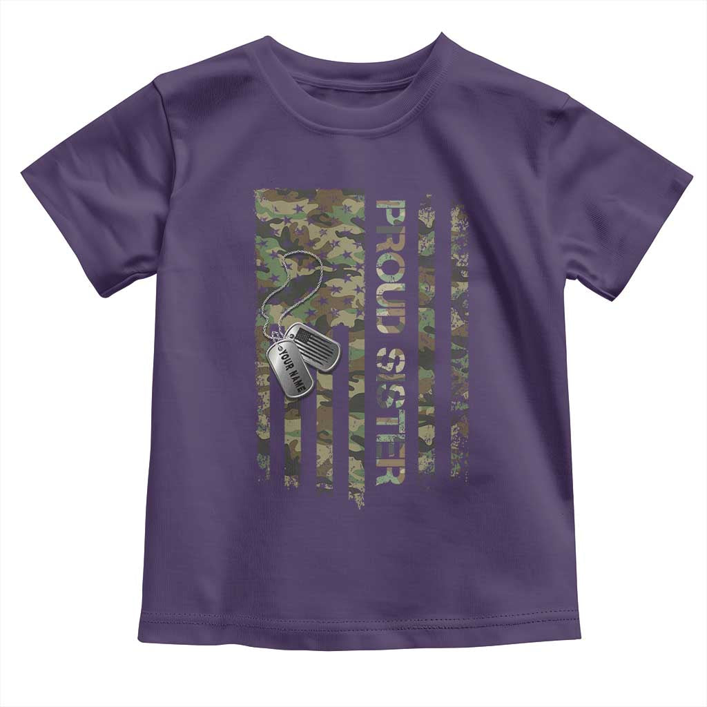 Personalized Proud Army Sister Toddler T Shirt Custom Name Dog Tag Camo American Flag Gift TS10 Purple Print Your Wear