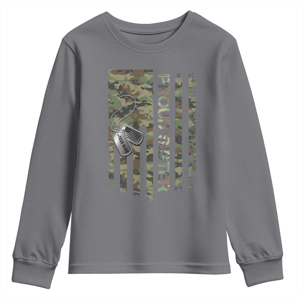 Personalized Proud Army Sister Youth Sweatshirt Custom Name Dog Tag Camo American Flag Gift TS10 Charcoal Print Your Wear