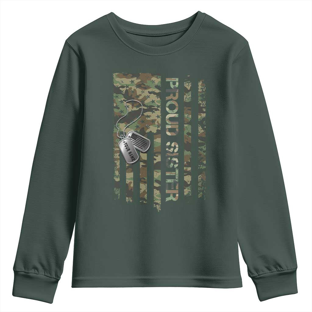 Personalized Proud Army Sister Youth Sweatshirt Custom Name Dog Tag Camo American Flag Gift TS10 Dark Forest Green Print Your Wear