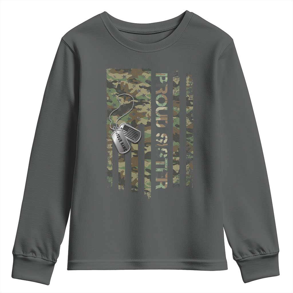 Personalized Proud Army Sister Youth Sweatshirt Custom Name Dog Tag Camo American Flag Gift TS10 Dark Heather Print Your Wear