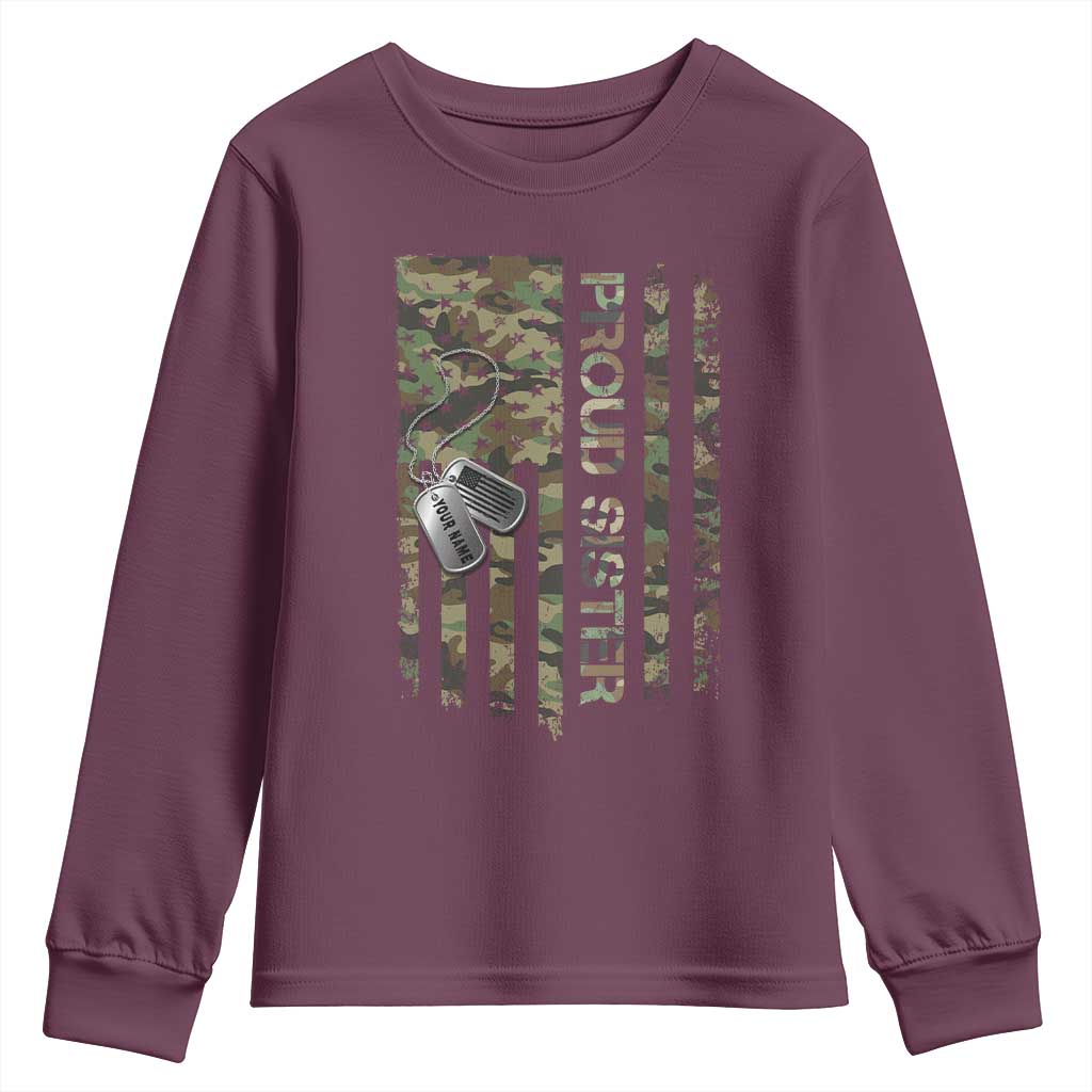 Personalized Proud Army Sister Youth Sweatshirt Custom Name Dog Tag Camo American Flag Gift TS10 Maroon Print Your Wear