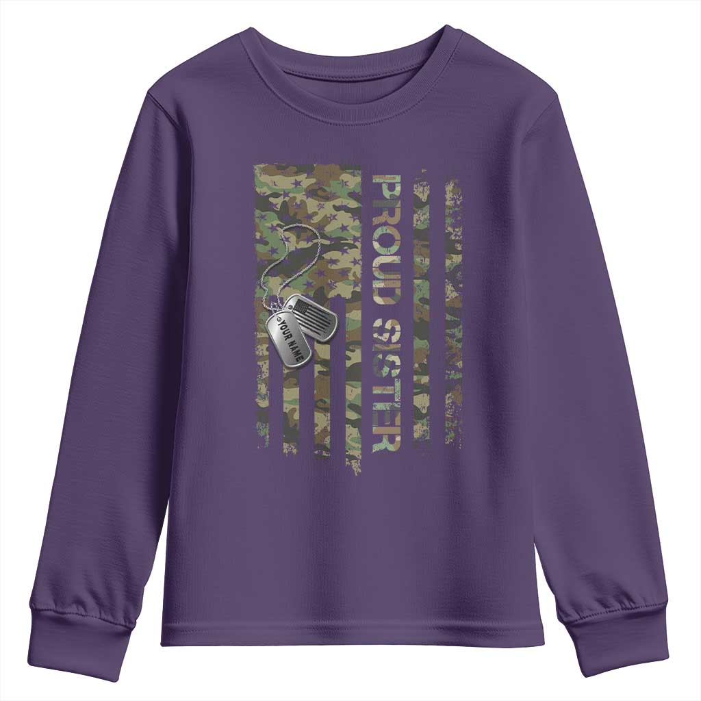 Personalized Proud Army Sister Youth Sweatshirt Custom Name Dog Tag Camo American Flag Gift TS10 Purple Print Your Wear