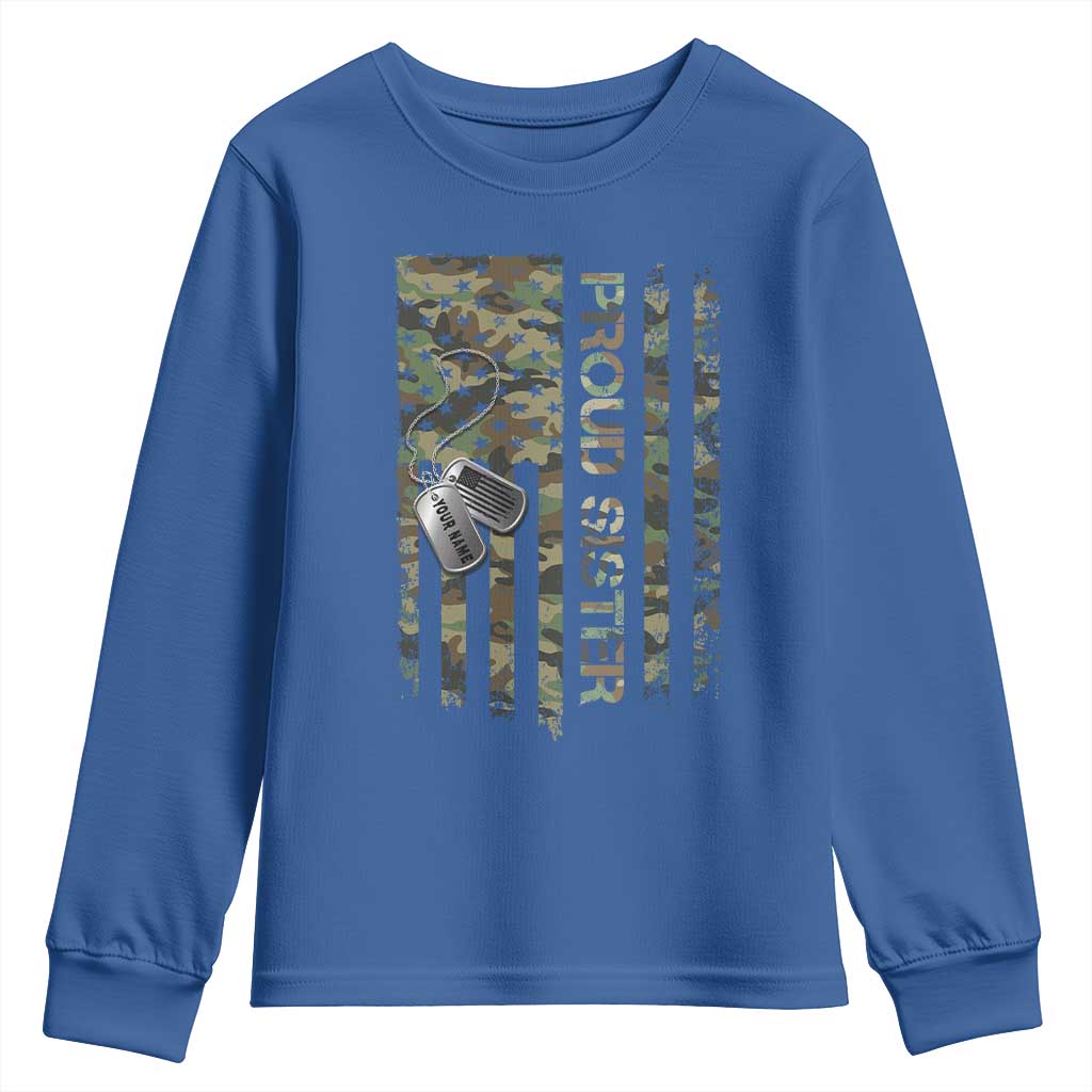 Personalized Proud Army Sister Youth Sweatshirt Custom Name Dog Tag Camo American Flag Gift TS10 Royal Blue Print Your Wear
