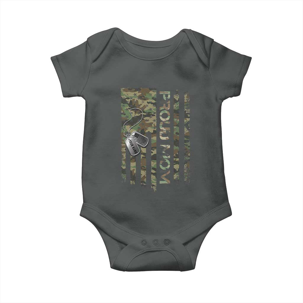 Personalized Proud Army Mom Baby Onesie Custom Name Dog Tag Camo American Flag Gift TS10 Dark Heather Print Your Wear