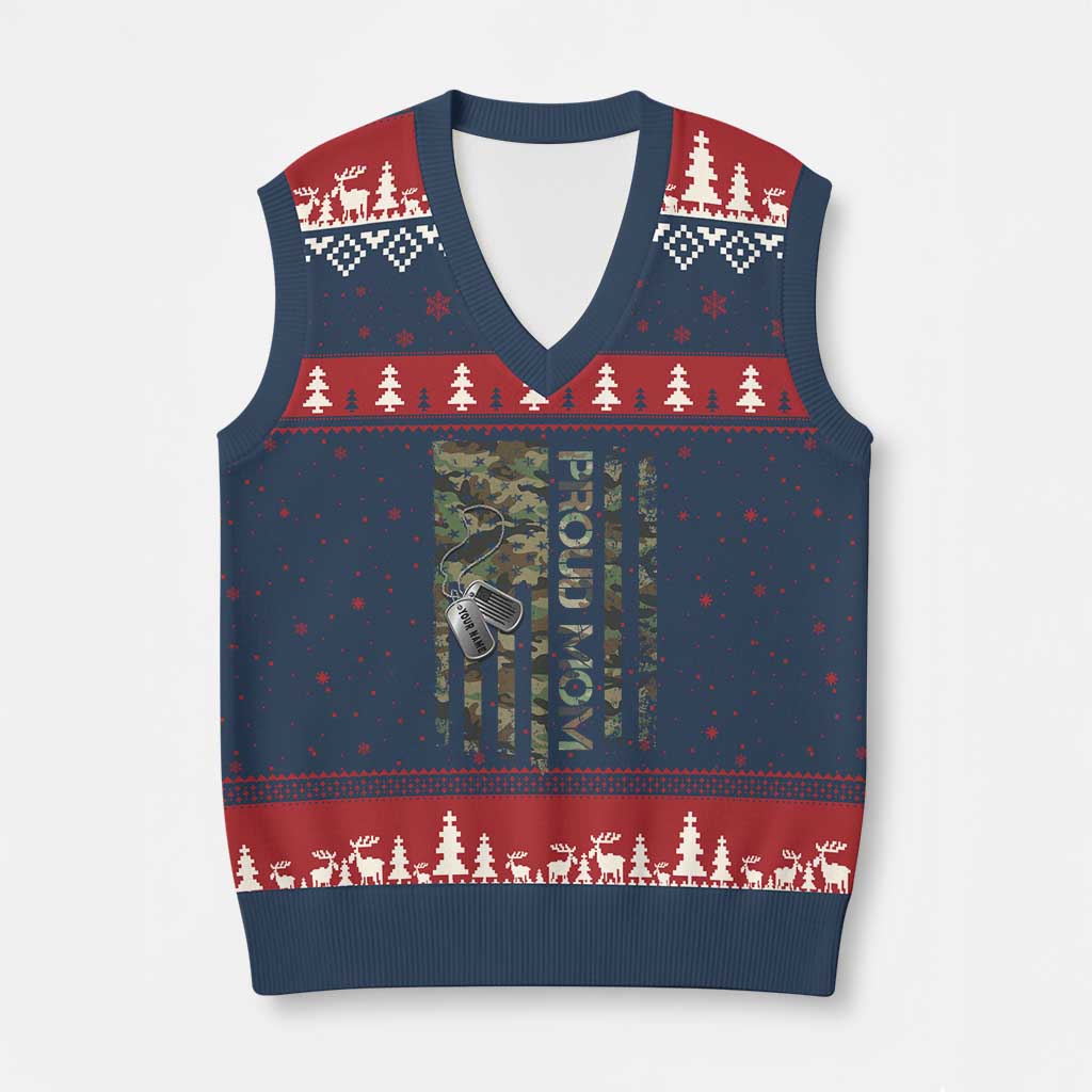 Personalized Proud Army Mom V-Neck Knit Sweater Vest Custom Name Dog Tag Camo American Flag Gift TS10 Navy Red Print Your Wear