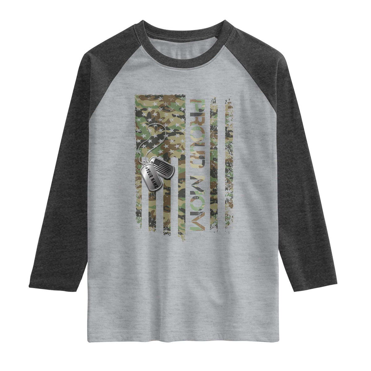 Personalized Proud Army Mom Raglan Shirt Custom Name Dog Tag Camo American Flag Gift TS10 Heather Gray Heather Charcoal Print Your Wear