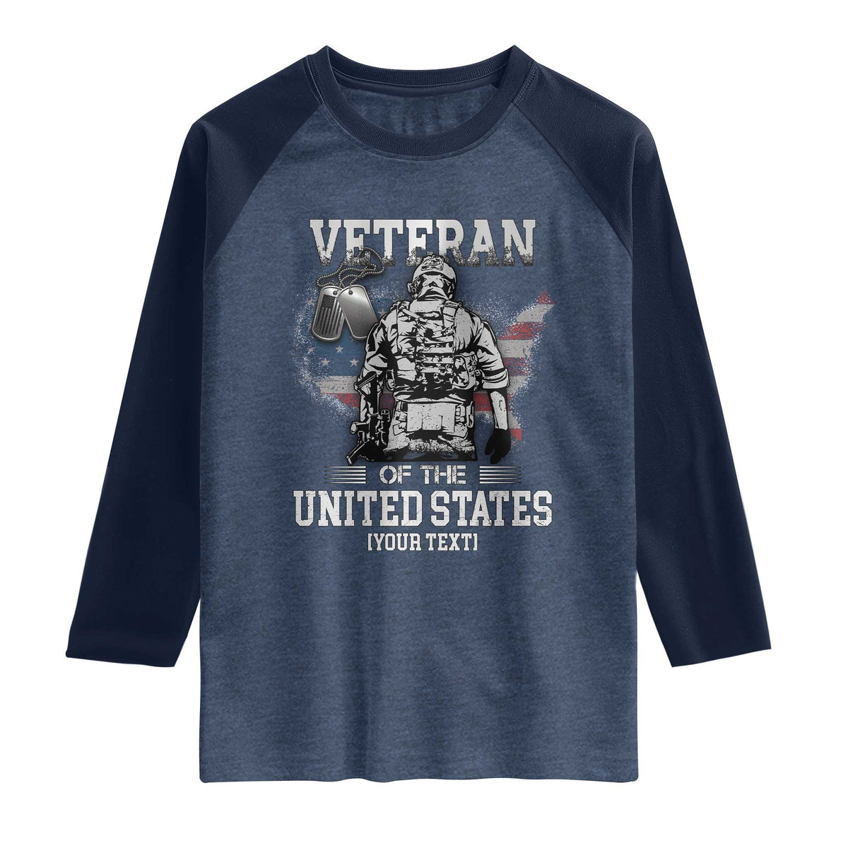 Personalized Veteran Flag Raglan Shirt Custom Name U.S. Army TS10 Heather Denim Navy Print Your Wear