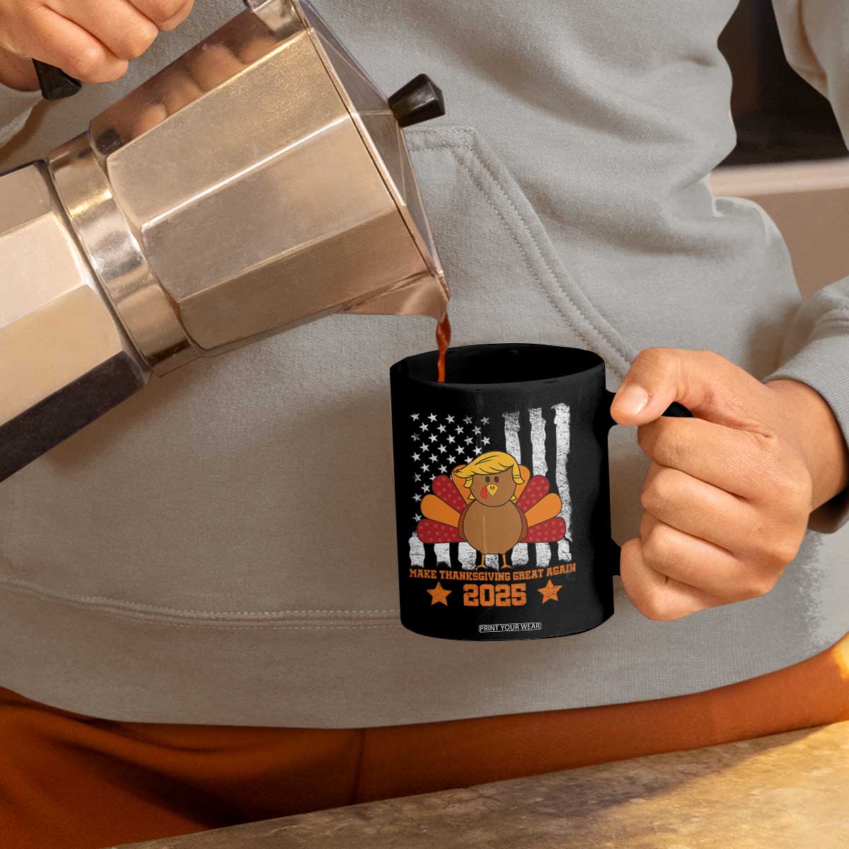Funny Thanksgiving Trump 2025 Coffee Mug Make Thanksgivings Great Again Turkey American Flag TS10 Print Your Wear