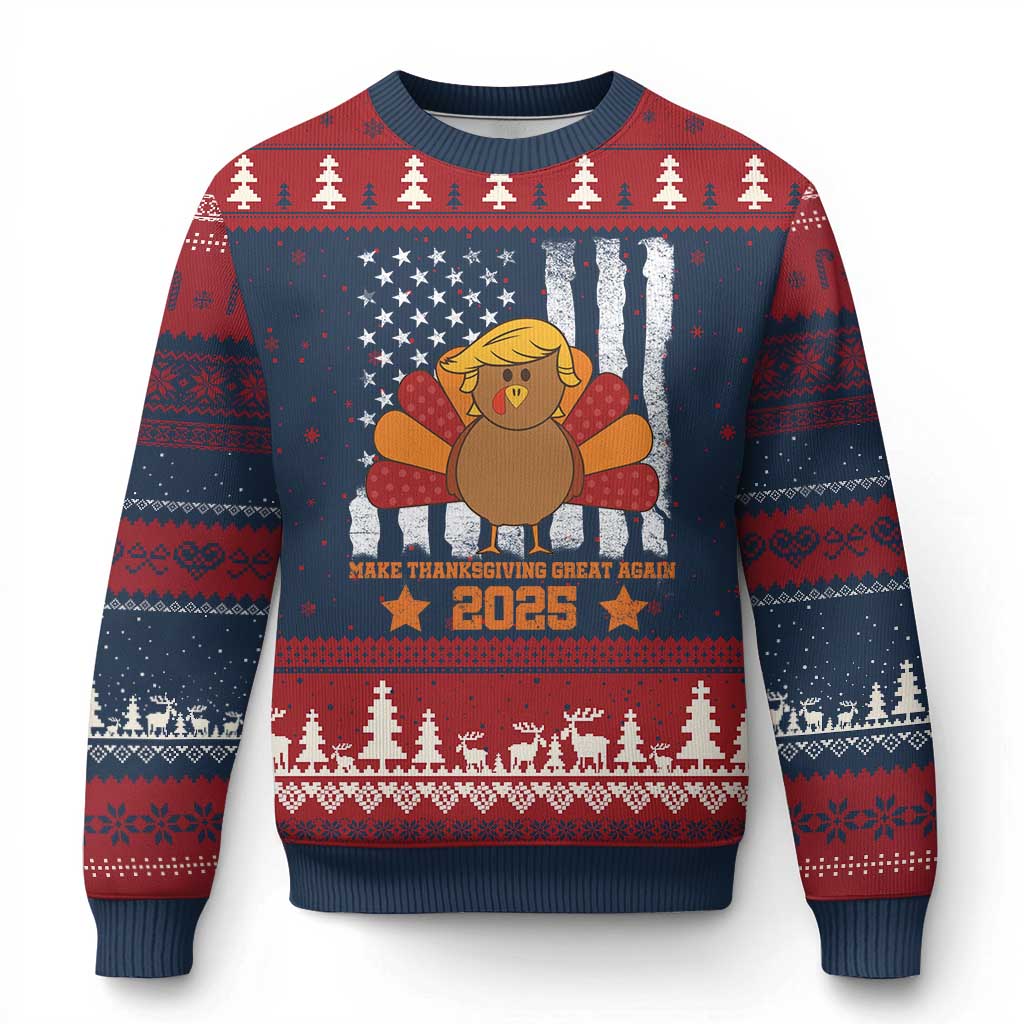 Funny Thanksgiving Trump 2025 Ugly Christmas Sweater Make Thanksgivings Great Again Turkey American Flag TS10 Navy Red Print Your Wear