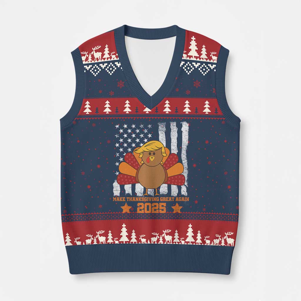 Funny Thanksgiving Trump 2025 V-Neck Knit Sweater Vest Make Thanksgivings Great Again Turkey American Flag TS10 Navy Red Print Your Wear