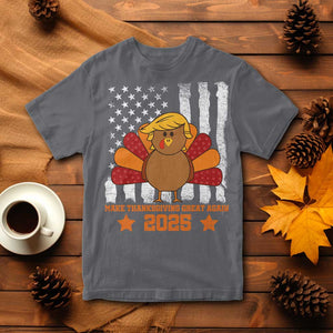 Funny Thanksgiving Trump 2025 T Shirt Make Thanksgivings Great Again Turkey American Flag TS10 Charcoal Print Your Wear