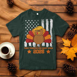 Funny Thanksgiving Trump 2025 T Shirt Make Thanksgivings Great Again Turkey American Flag TS10 Dark Forest Green Print Your Wear