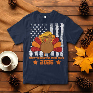 Funny Thanksgiving Trump 2025 T Shirt Make Thanksgivings Great Again Turkey American Flag TS10 Navy Print Your Wear