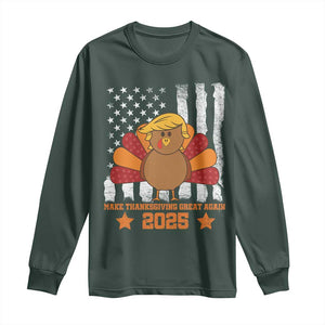 Funny Thanksgiving Trump 2025 Long Sleeve Shirt Make Thanksgivings Great Again Turkey American Flag TS10 Dark Forest Green Print Your Wear