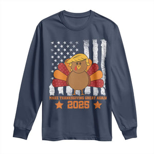 Funny Thanksgiving Trump 2025 Long Sleeve Shirt Make Thanksgivings Great Again Turkey American Flag TS10 Navy Print Your Wear