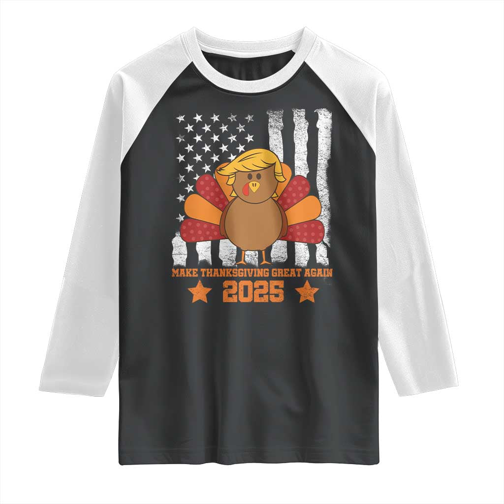Funny Thanksgiving Trump 2025 Raglan Shirt Make Thanksgivings Great Again Turkey American Flag TS10 Black White Print Your Wear