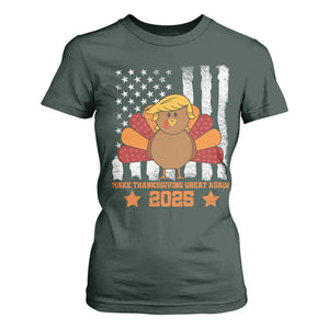 Funny Thanksgiving Trump 2025 T Shirt For Women Make Thanksgivings Great Again Turkey American Flag TS10 Dark Forest Green Print Your Wear
