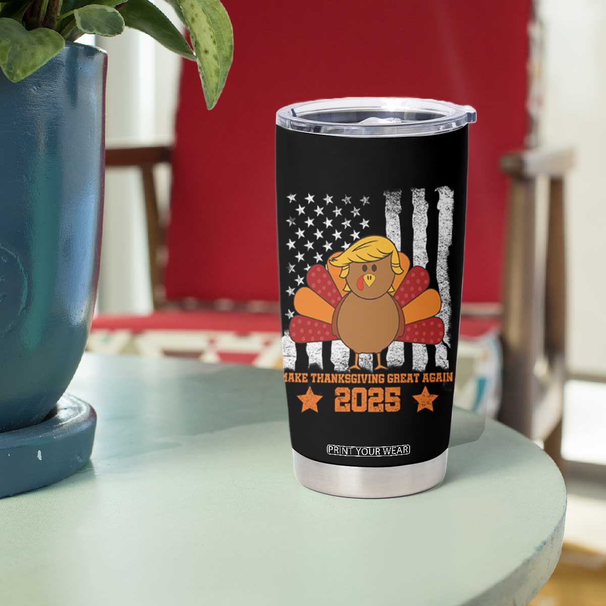 Funny Thanksgiving Trump 2025 Tumbler Cup Make Thanksgivings Great Again Turkey American Flag TS10 Print Your Wear