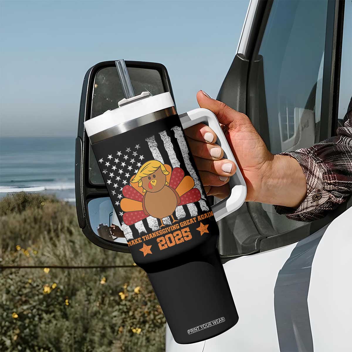 Funny Thanksgiving Trump 2025 Tumbler With Handle Make Thanksgivings Great Again Turkey American Flag TS10 Print Your Wear