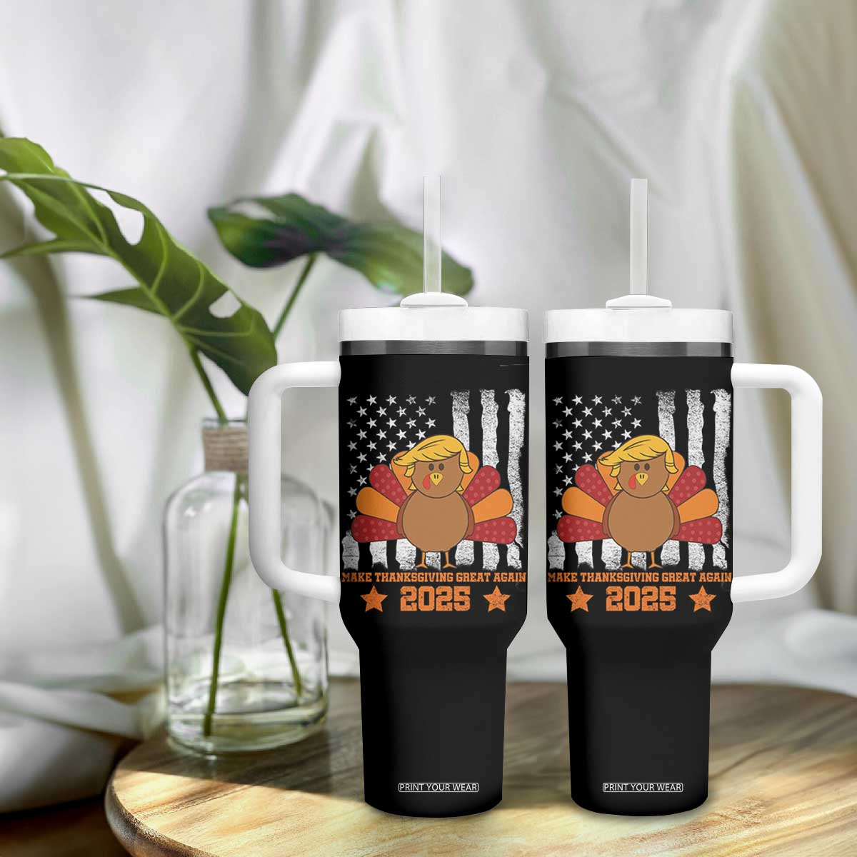 Funny Thanksgiving Trump 2025 Tumbler With Handle Make Thanksgivings Great Again Turkey American Flag TS10 Print Your Wear