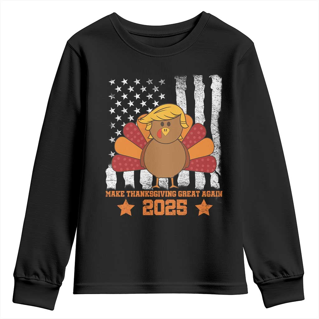 Funny Thanksgiving Trump 2025 Youth Sweatshirt Make Thanksgivings Great Again Turkey American Flag TS10 Black Print Your Wear