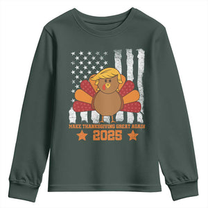 Funny Thanksgiving Trump 2025 Youth Sweatshirt Make Thanksgivings Great Again Turkey American Flag TS10 Dark Forest Green Print Your Wear