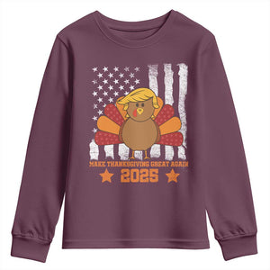 Funny Thanksgiving Trump 2025 Youth Sweatshirt Make Thanksgivings Great Again Turkey American Flag TS10 Maroon Print Your Wear