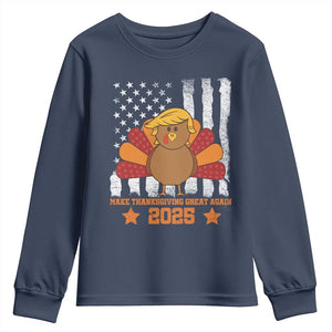 Funny Thanksgiving Trump 2025 Youth Sweatshirt Make Thanksgivings Great Again Turkey American Flag TS10 Navy Print Your Wear