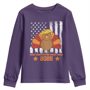 Funny Thanksgiving Trump 2025 Youth Sweatshirt Make Thanksgivings Great Again Turkey American Flag TS10 Purple Print Your Wear