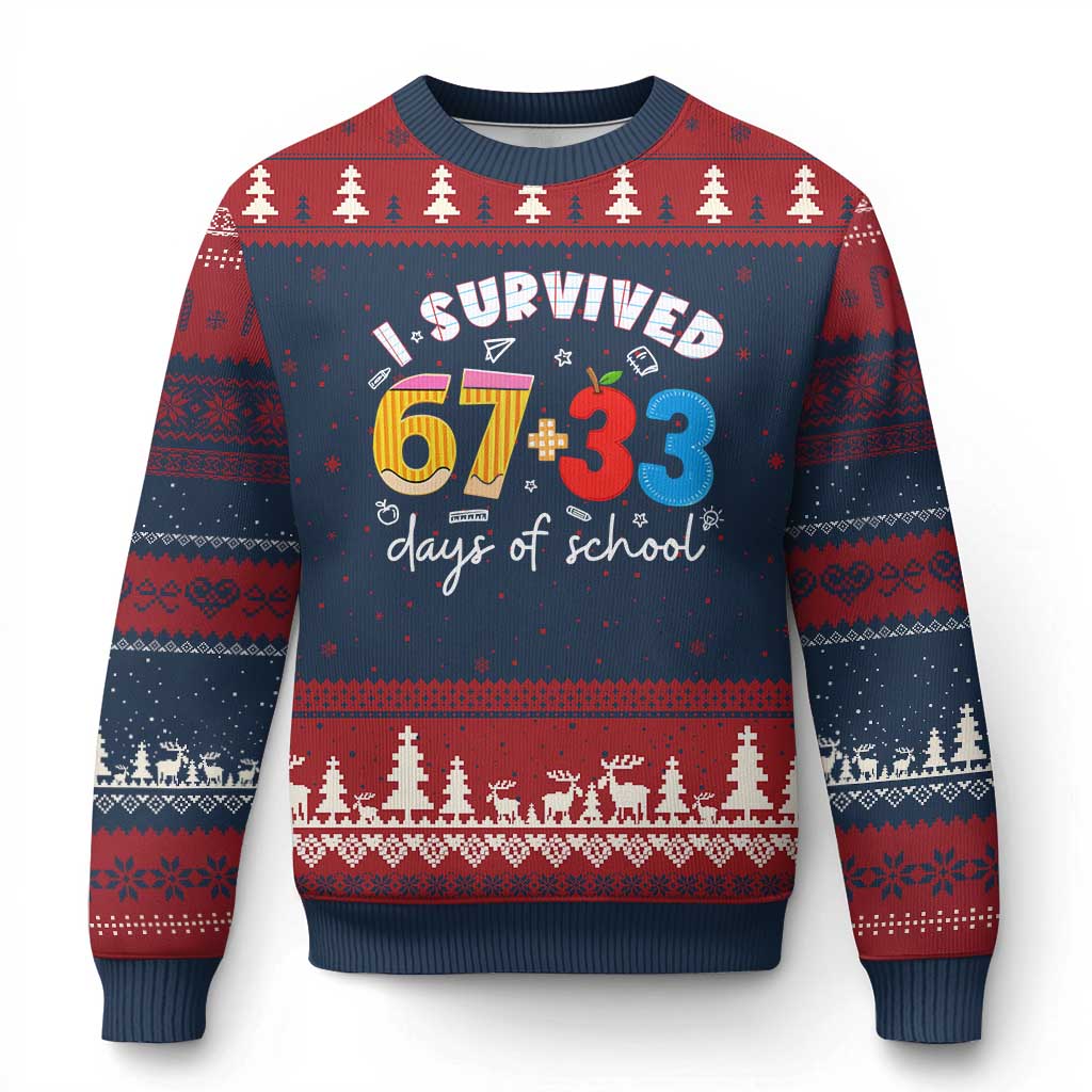 I Survived 67 33 Days Of School Ugly Christmas Sweater Funny Six Seven Meme Boys Kids 100th Day TS10 Navy Red Print Your Wear